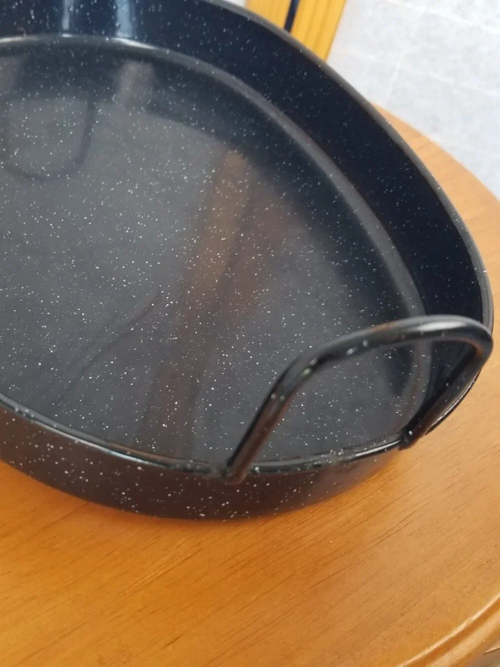 Vintage Black Speckled Enamelware Roasting Pan Shallow Insert Tray w/Handles